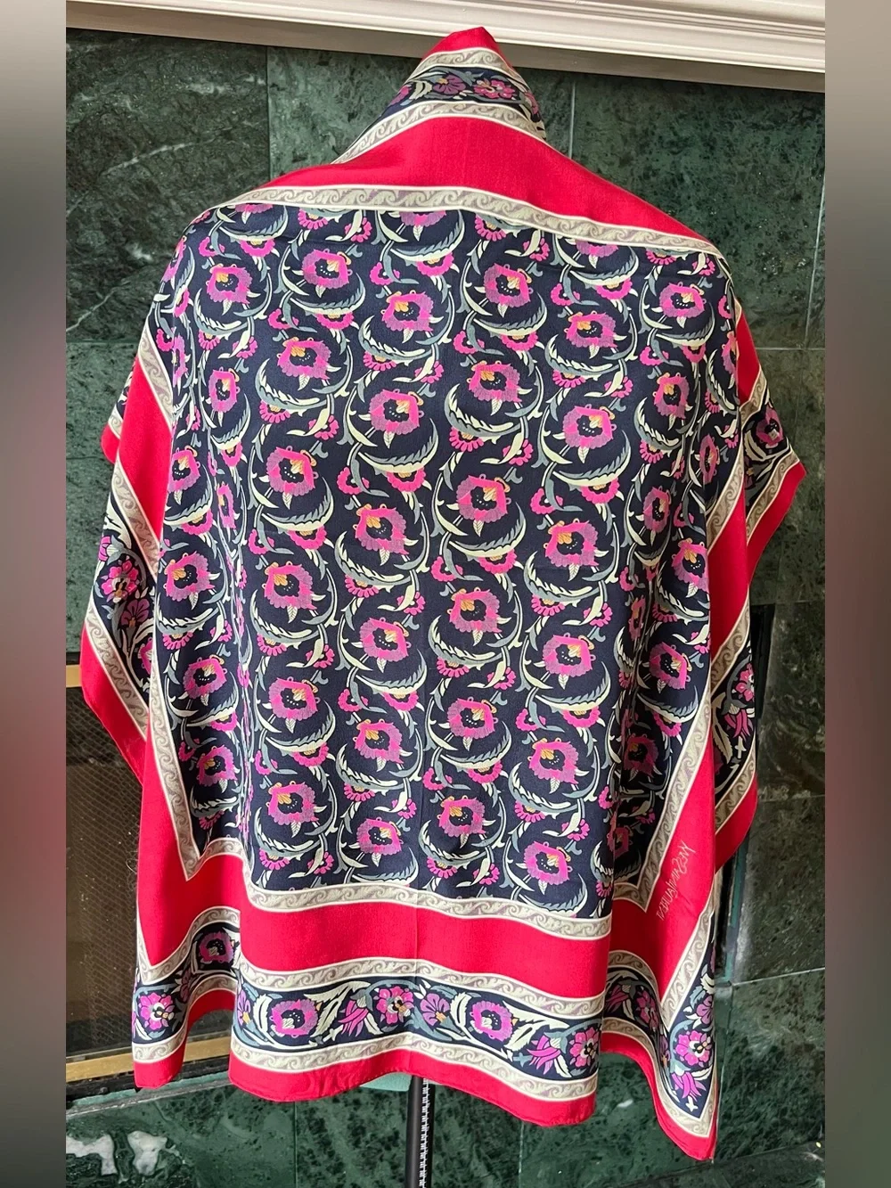 Yves Saint Laurent Vintage Silk Scarf Floral Print Square Shawl Red Pink Navy